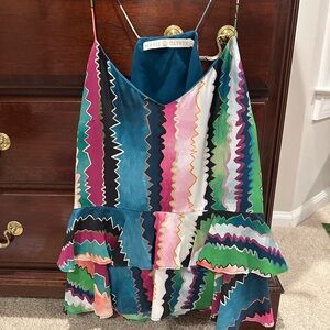 Marie Oliver Multicolor Zigzag Ruffle Slip Top with Teal Accents